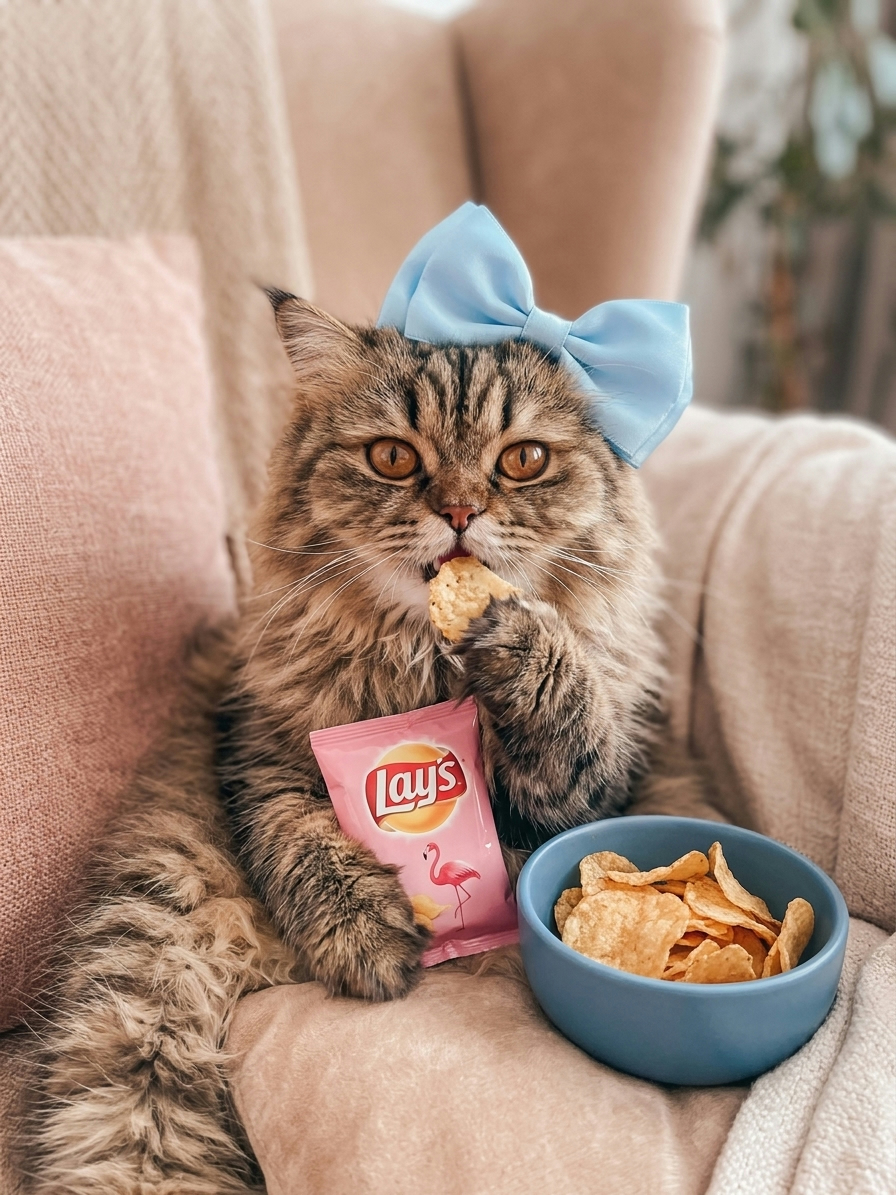 Питомец с чипсами Lay’s в кресле крупным планом