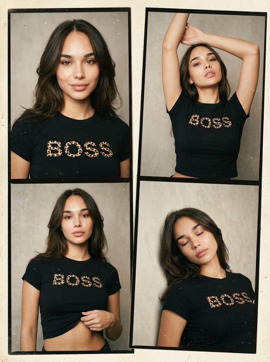 Винтажный коллаж девушки в черном кроп-топе BOSS