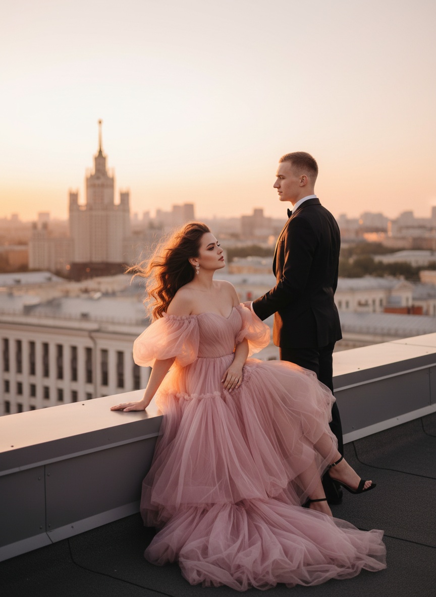Пара на крыше Москвы: девушка в розовом платье на закате