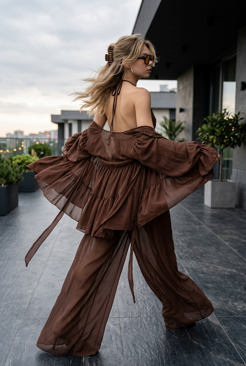 Девушка в очках на темной террасе в стиле luxury fashion