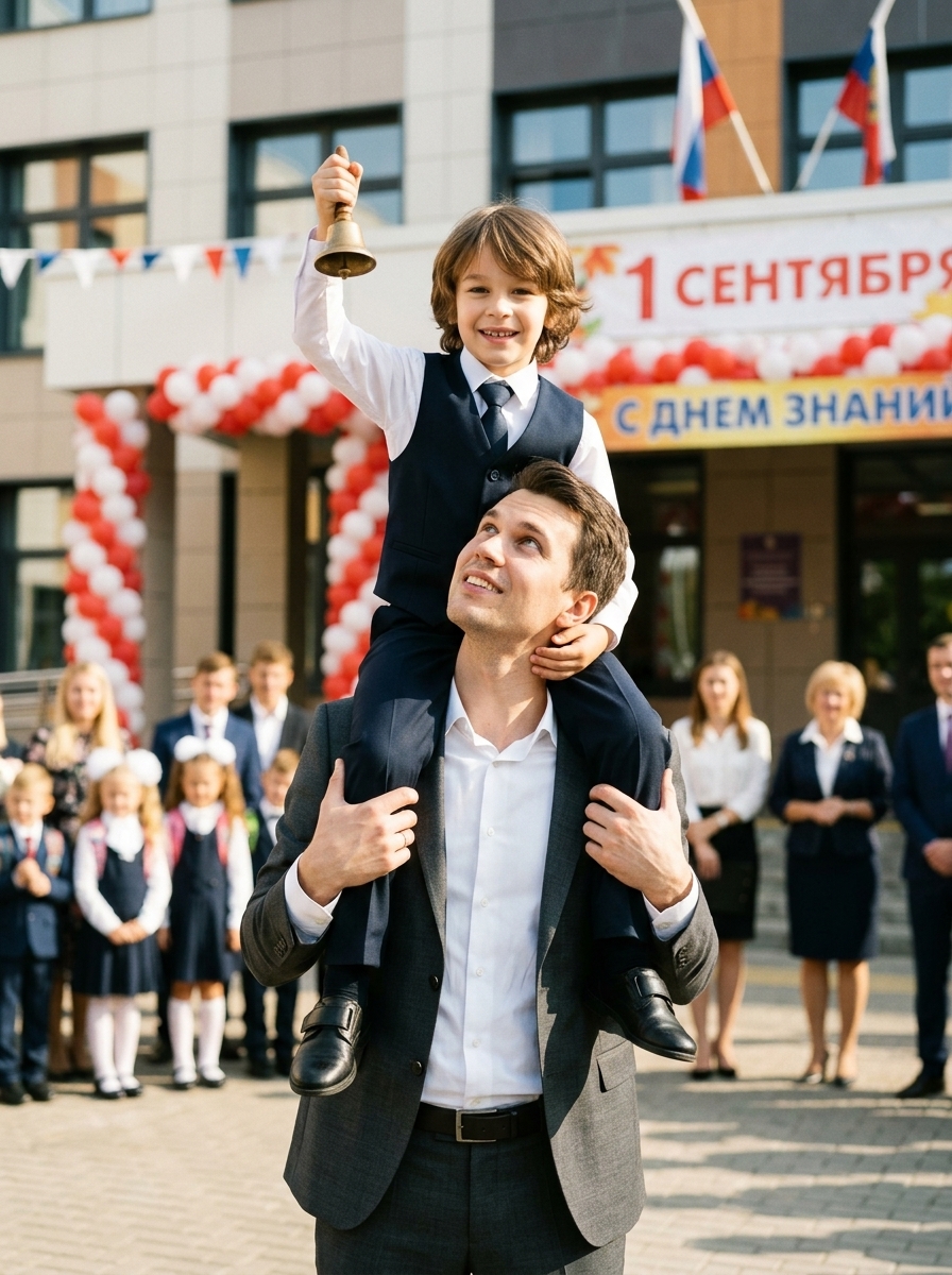 Первоклассник с колокольчиком на плечах у мужчины