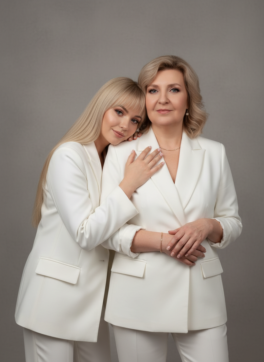 Студийный портрет мамы и дочери на сером фоне