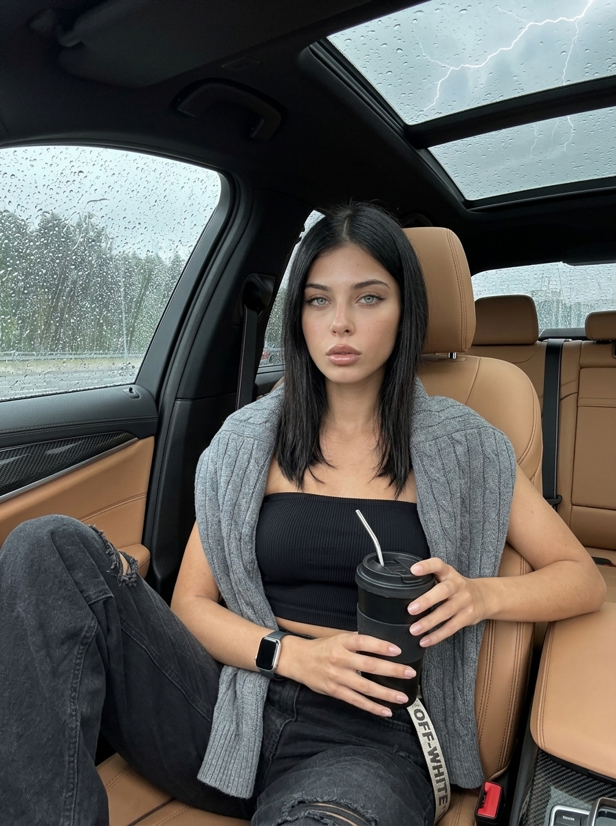 Селфи уверенной девушки в черном топе и сером свитере