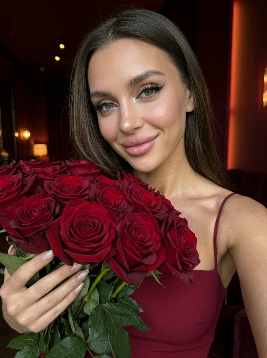 Селфи-портрет девушки с букетом бордовых роз