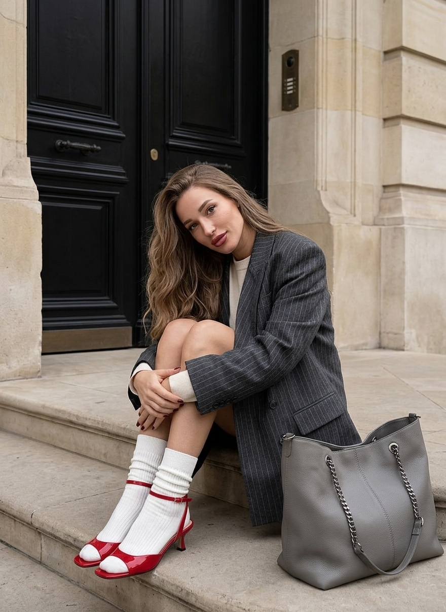 Женщина в стиле urban chic на ступенях элегантного здания Женщина в стиле urban chic на ступенях элегантного здания