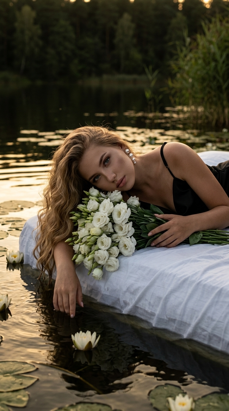 Fashion-портрет девушки на белом матрасе у озера Fashion-портрет девушки на белом матрасе у озера