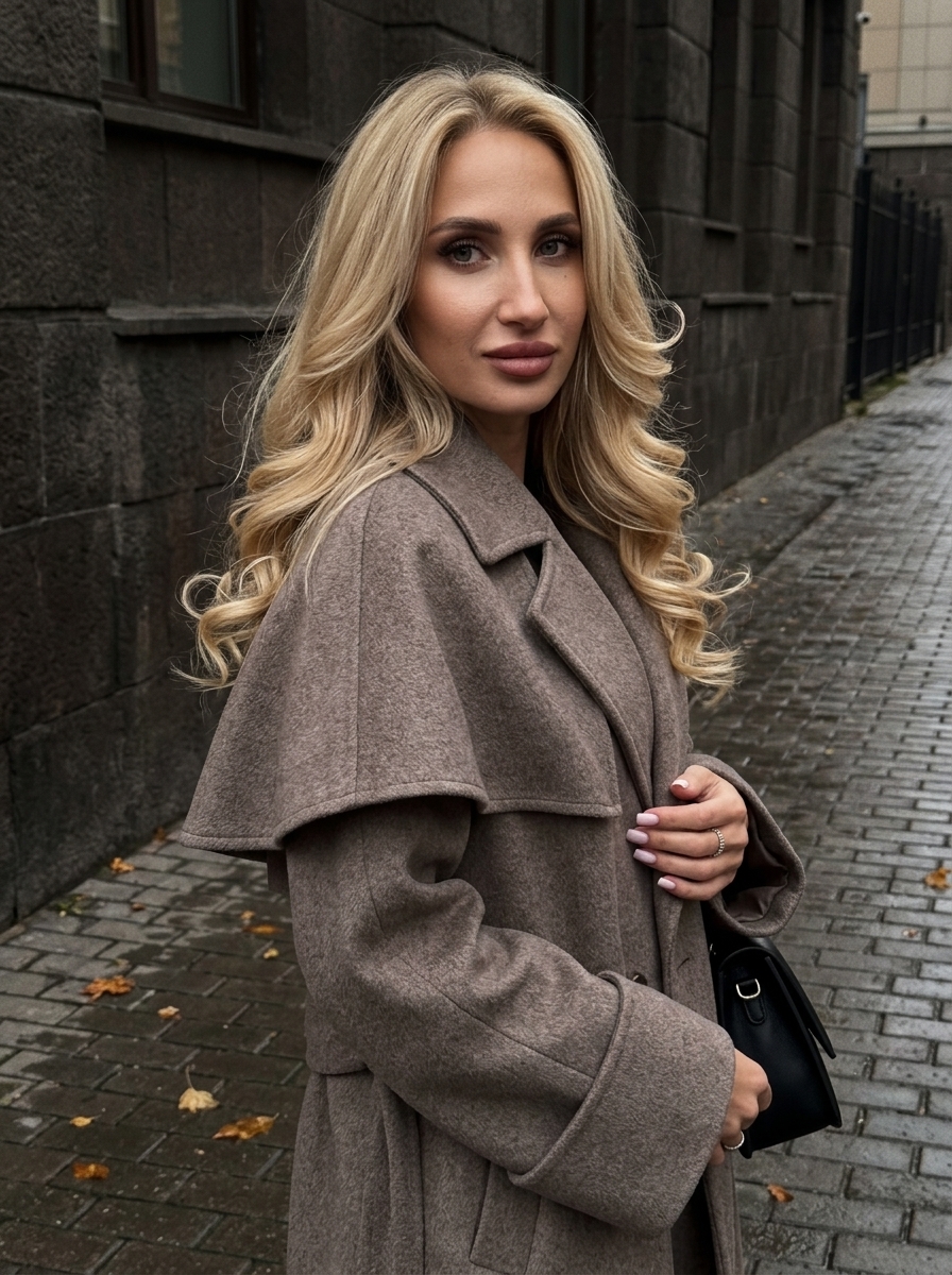 Девушка в пальто холодного taupe на осеннем тротуаре