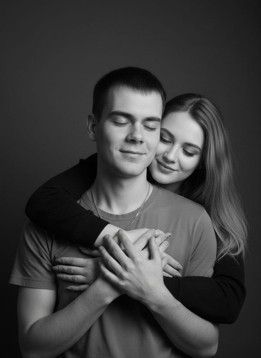 Черно-белый портрет пары в нежных объятиях