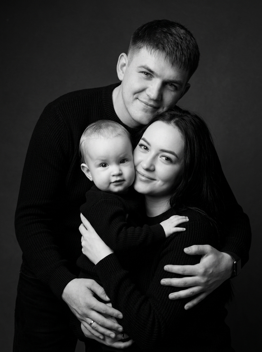 Черно-белый семейный портрет родителей с маленькой дочкой Черно-белый семейный портрет родителей с маленькой дочкой