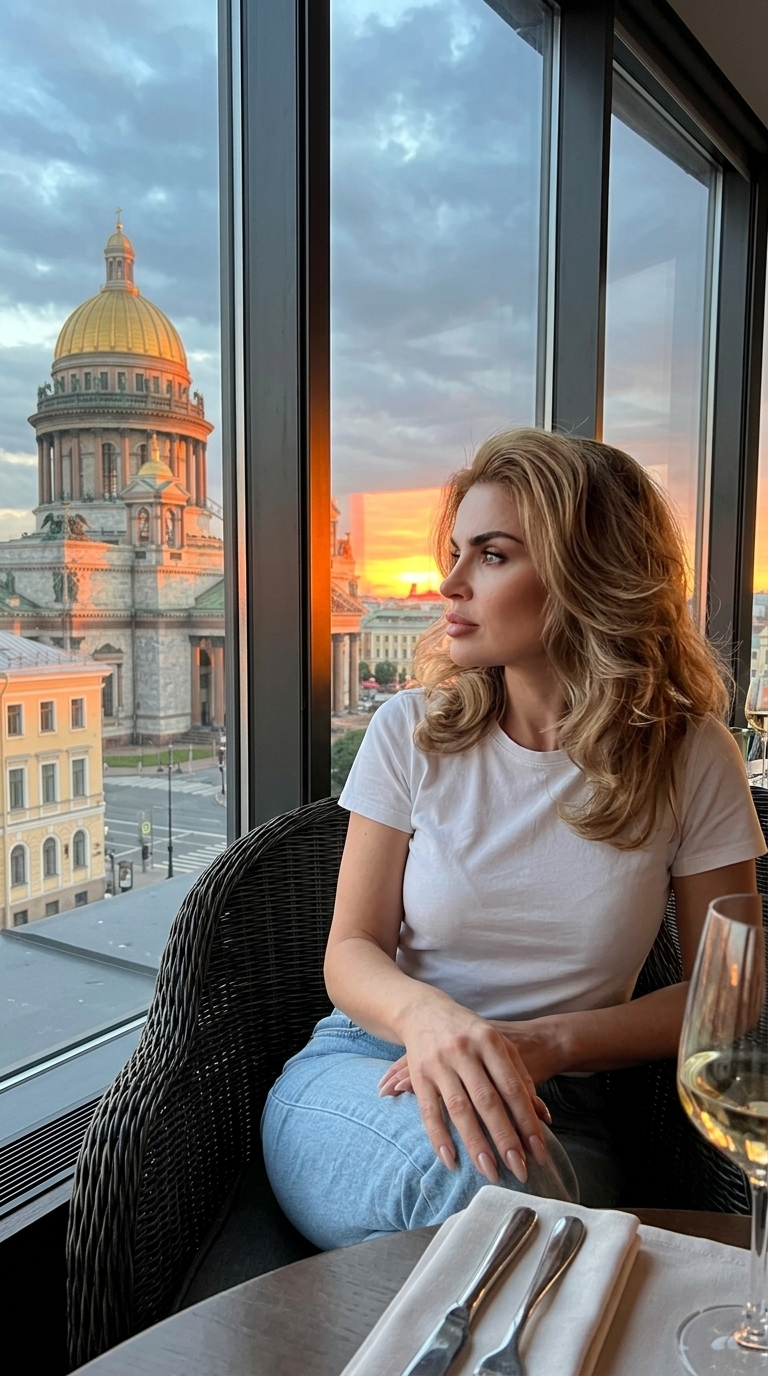 Задумчивая женщина у панорамного окна ресторана
