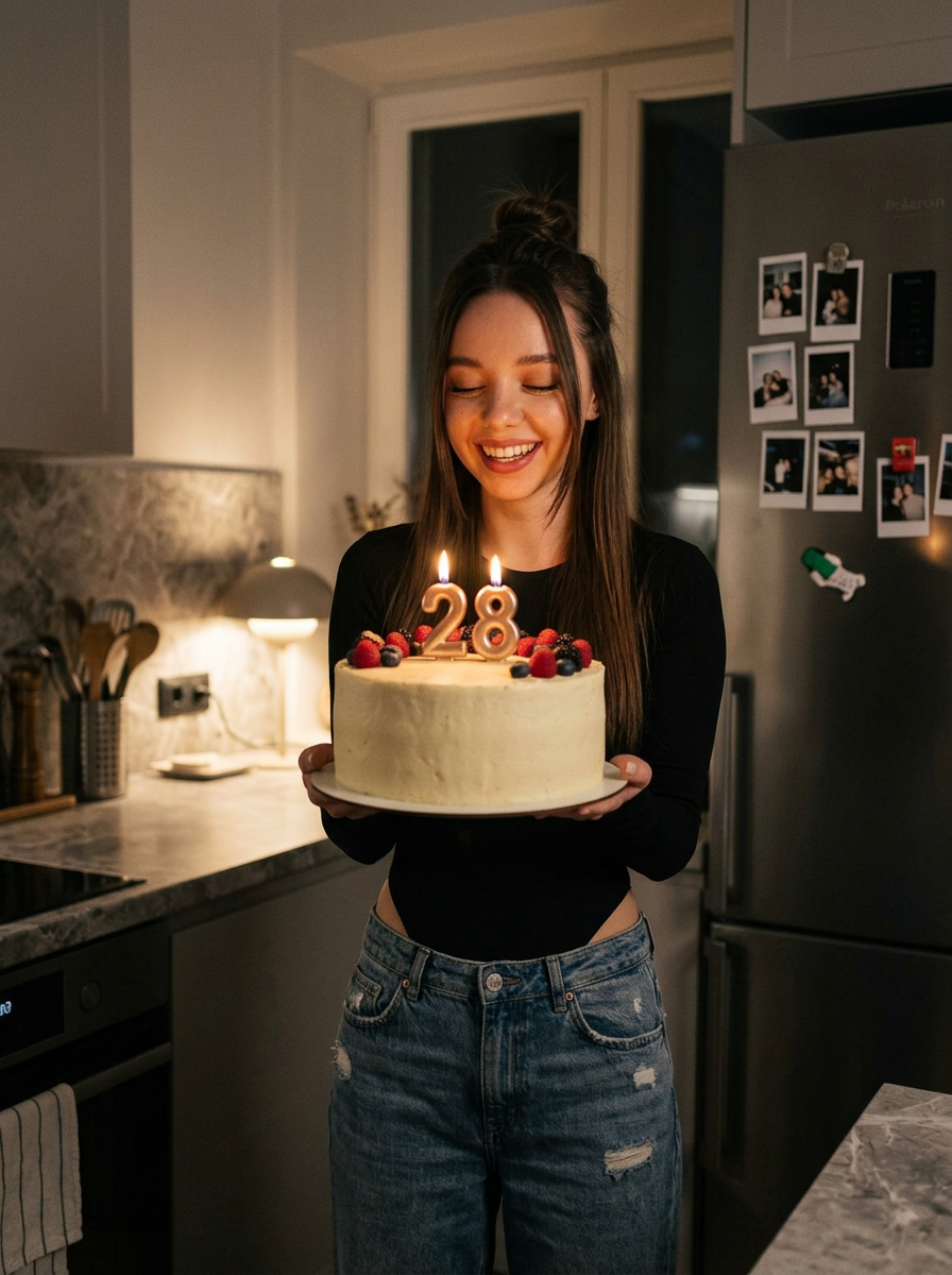 Девушка с тортом и свечами 28 на домашней кухне