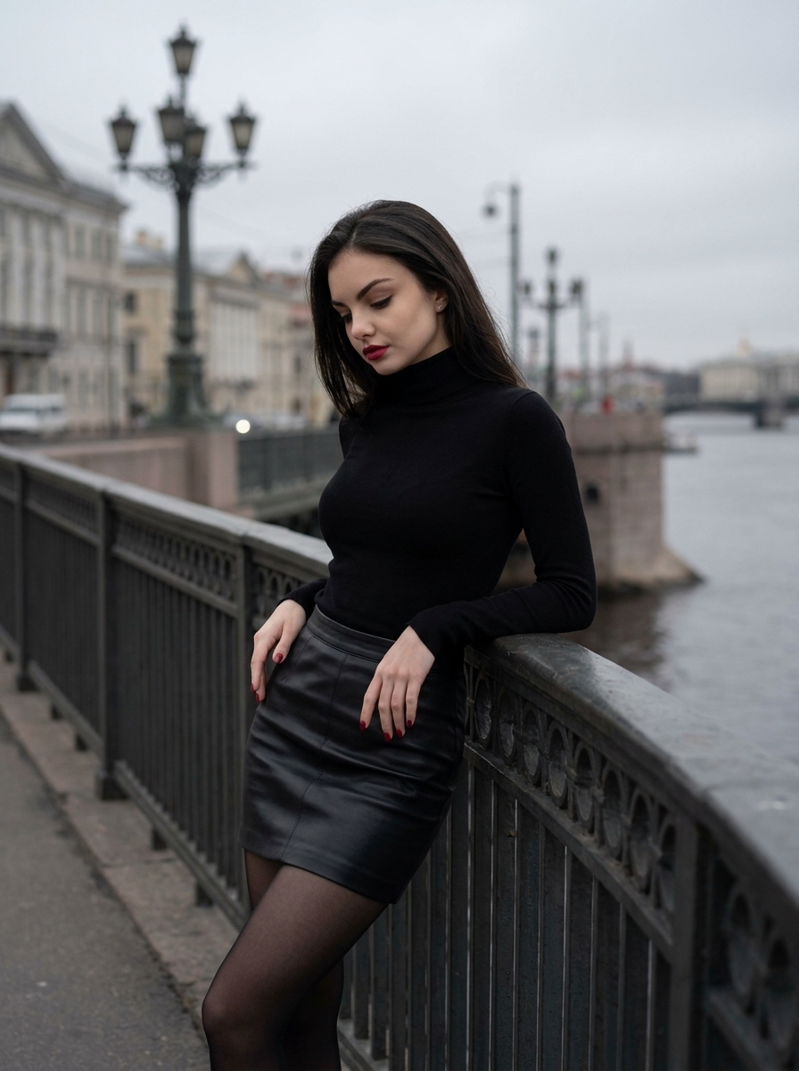 Элегантная женщина на набережной в серо-черных тонах