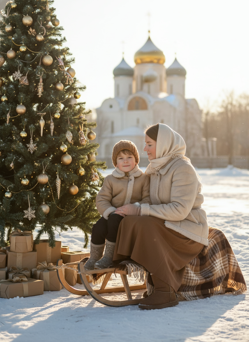 Мама и сын на санках у церкви в рождественский день