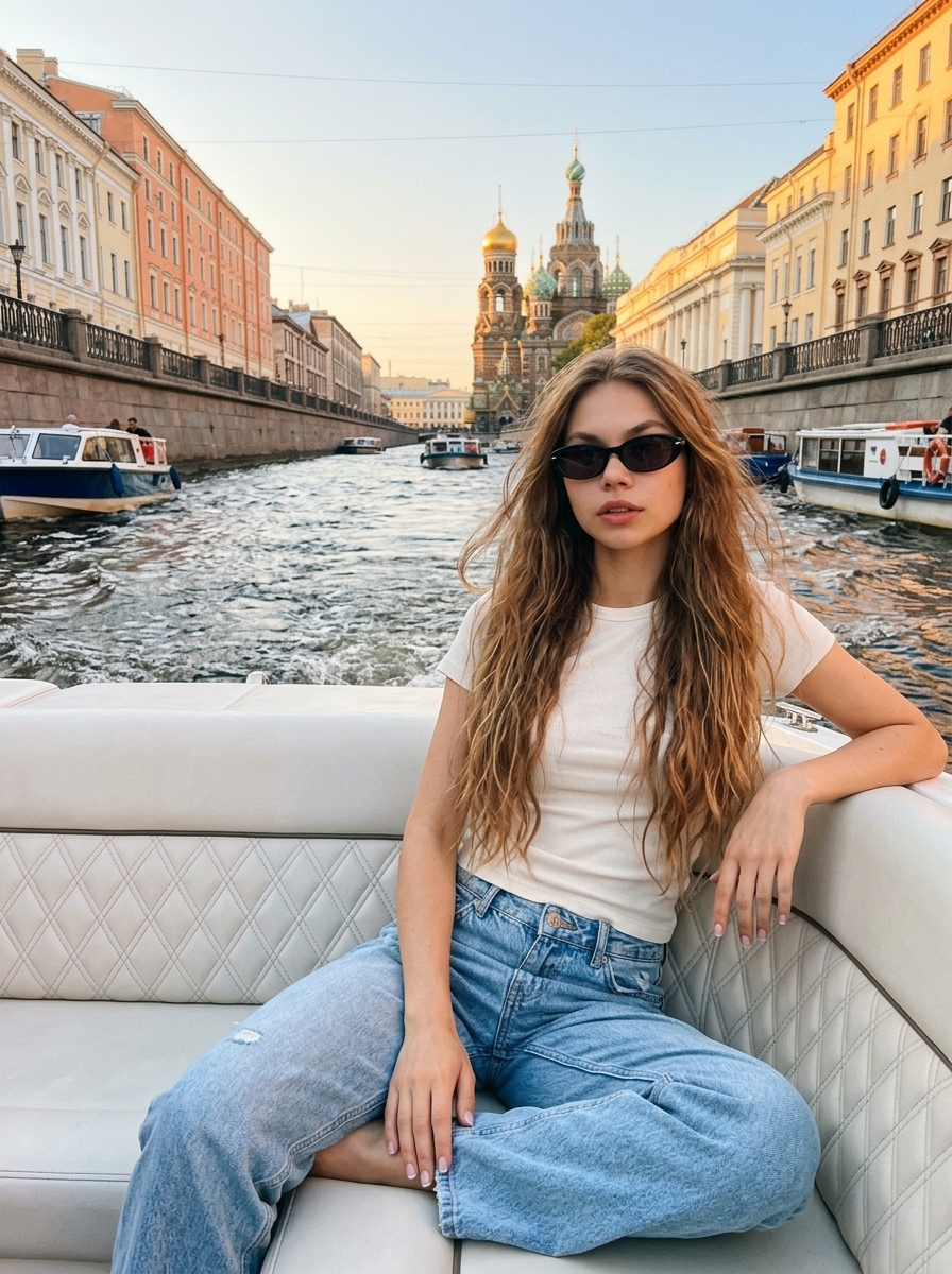 Девушка на белой лодке в канале Санкт-Петербурга Девушка на белой лодке в канале Санкт-Петербурга