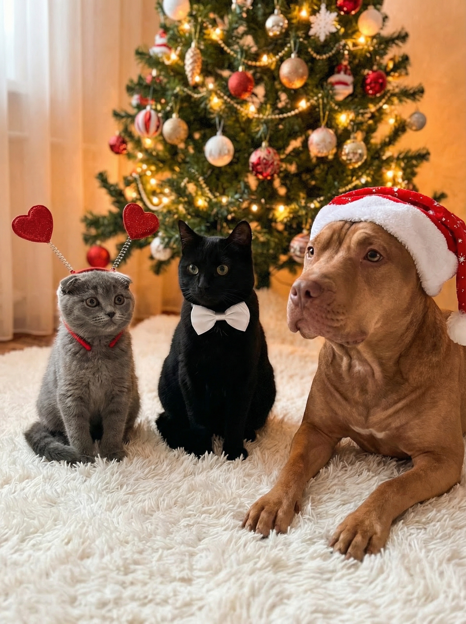 Коты и пес в новогодних аксессуарах на белом ковре