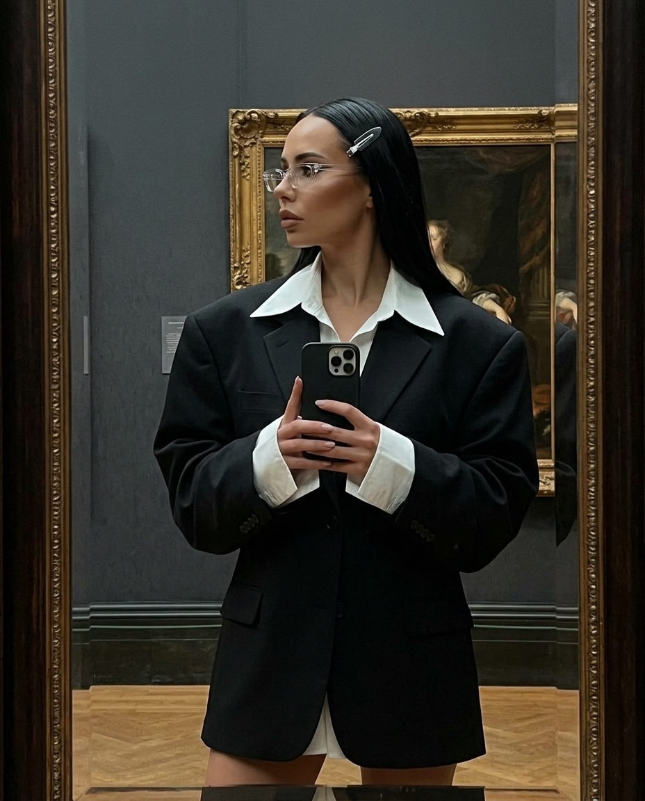 Зеркальное селфи девушки в oversized-пиджаке в галерее