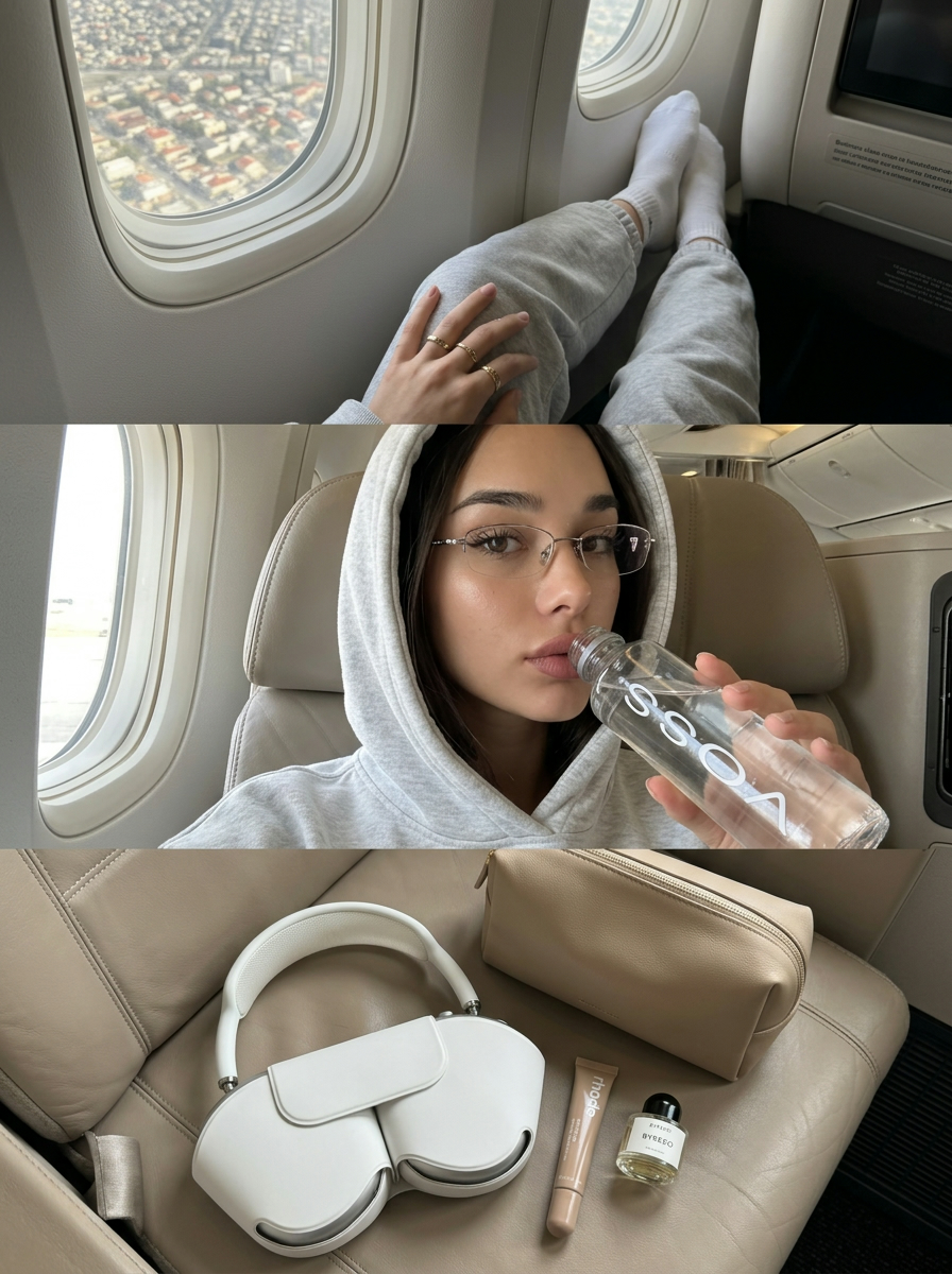 Девушка в бизнес-классе самолёта — тревел-фотоколлаж