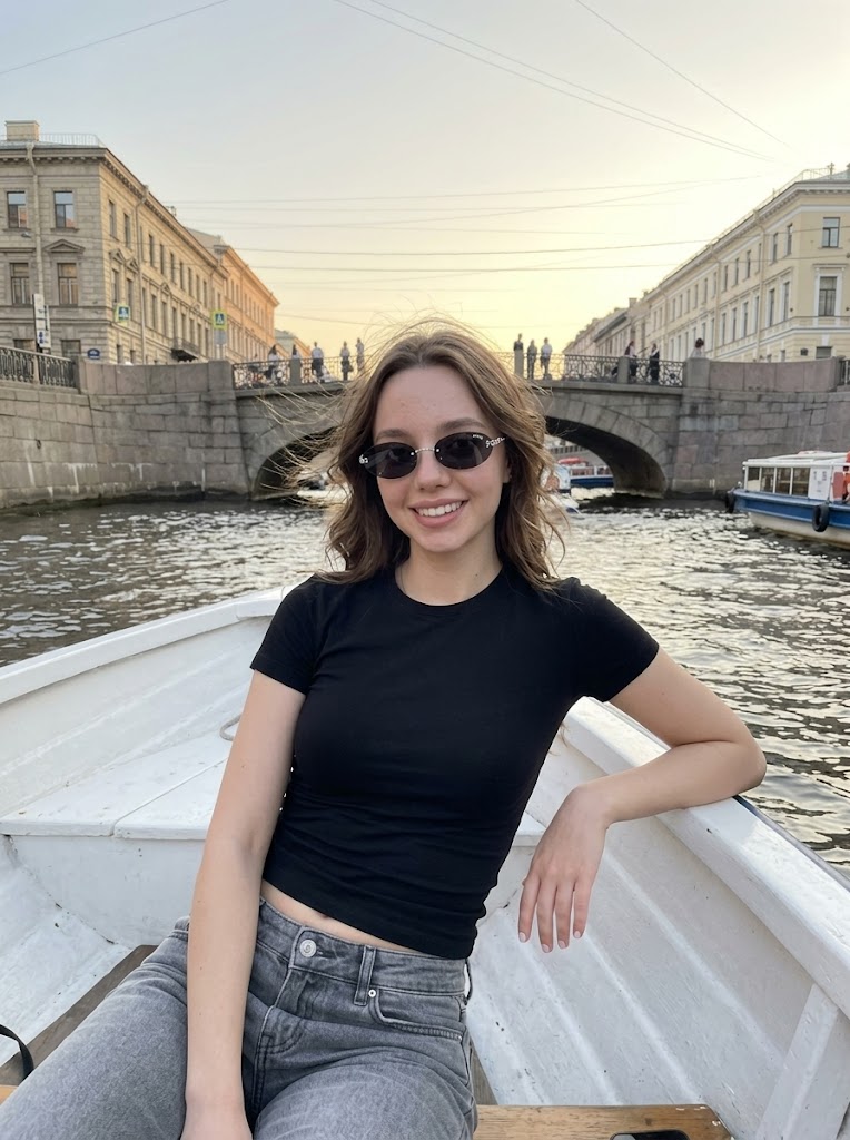 Девушка в белой лодке на каналах Санкт-Петербурга