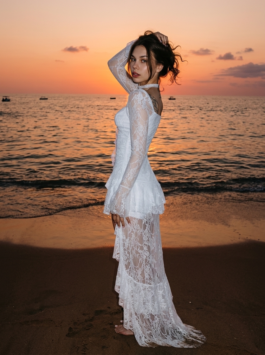 Модель на пляже на закате в fashion editorial стиле