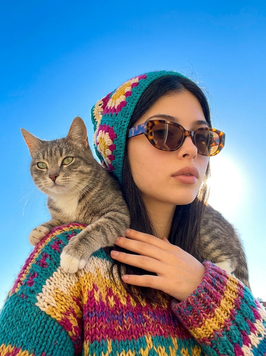 Женщина в ярком платке с котом на фоне голубого неба