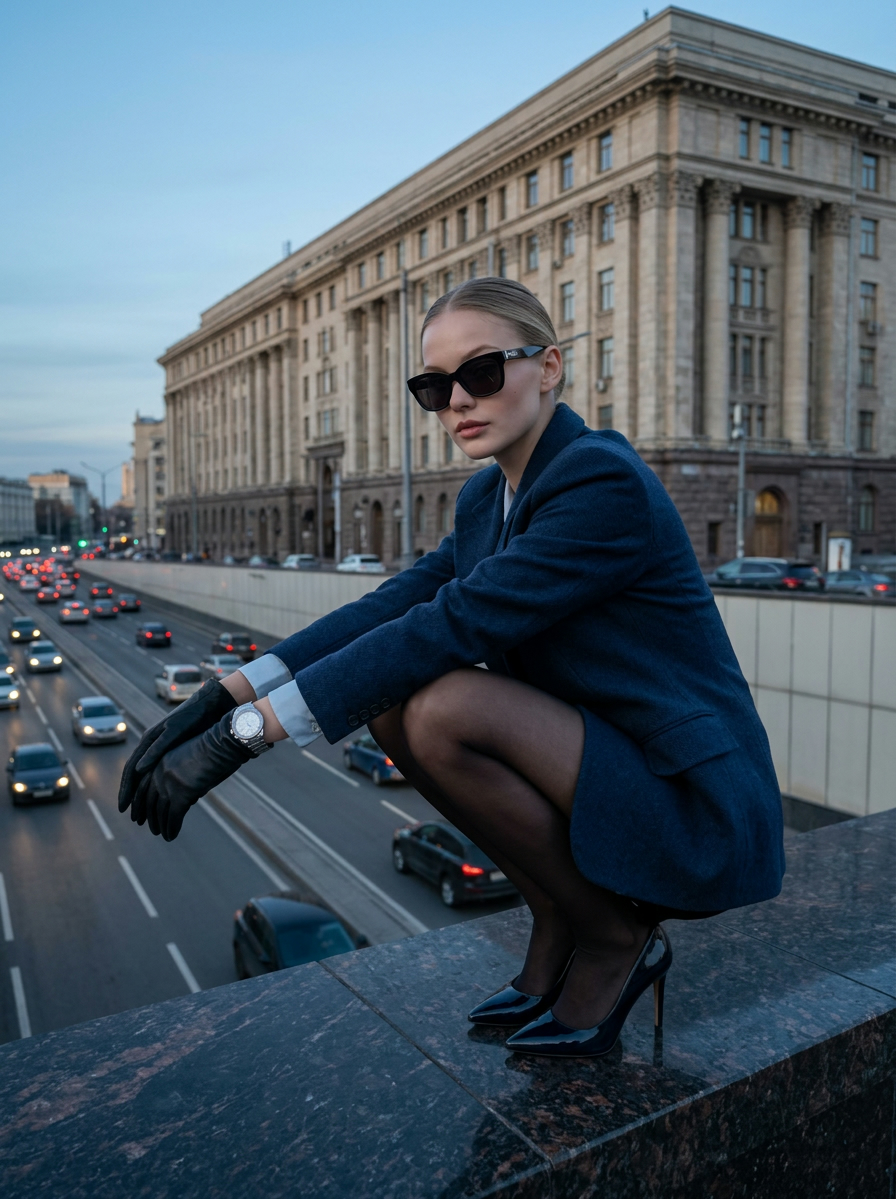 Девушка в чёрных перчатках на мраморном мосту в сумерках