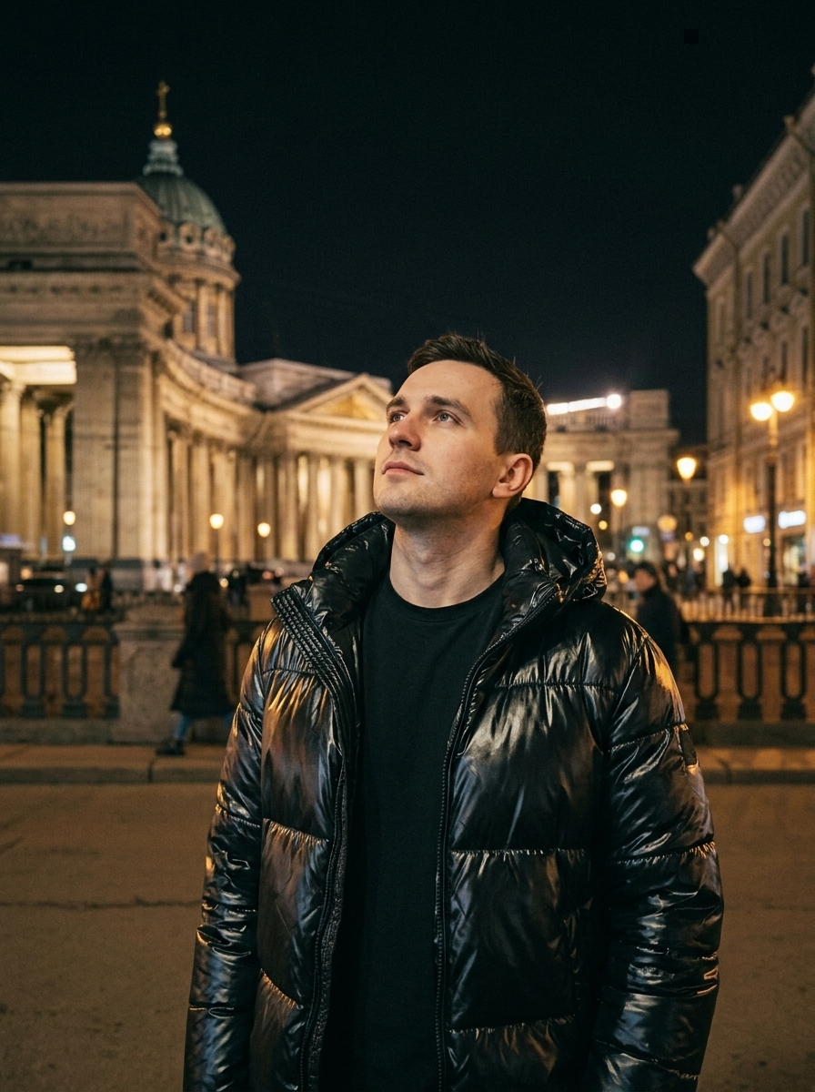 Ночной портрет мужчины у Казанского собора