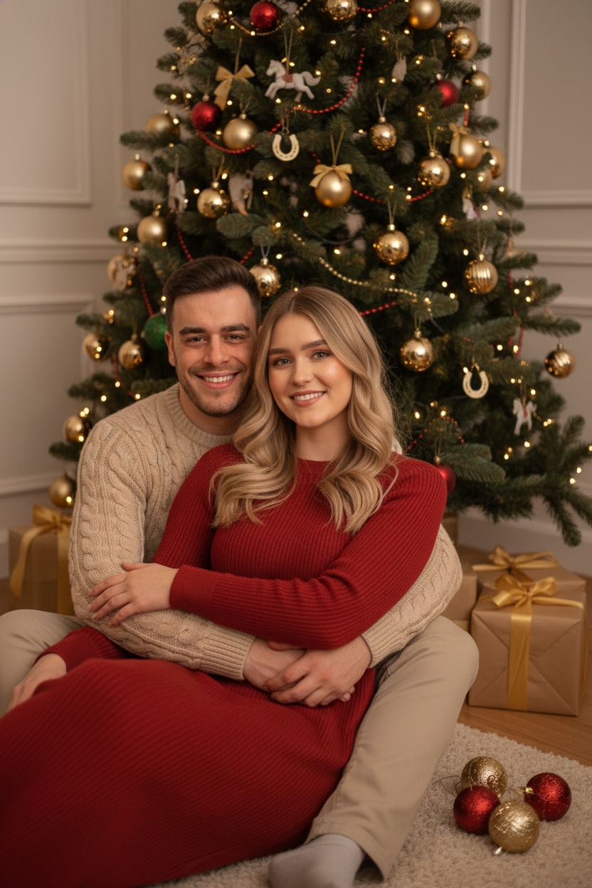 Парное фото у новогодней ёлки: ИИ-фотосессия для двоих дома