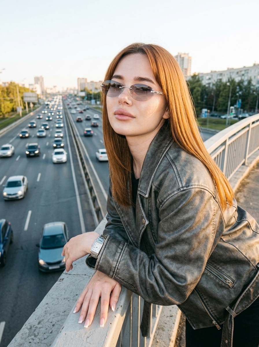 Девушка в кожаной куртке и очках Chrome Hearts на мосту Девушка в кожаной куртке и очках Chrome Hearts на мосту