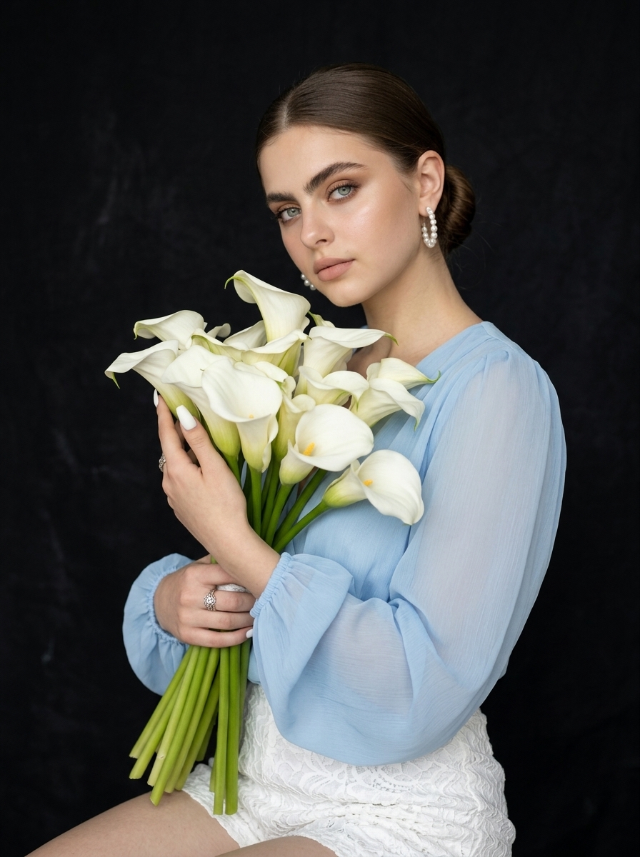 Портрет женщины с букетом белых калл в fashion-стиле