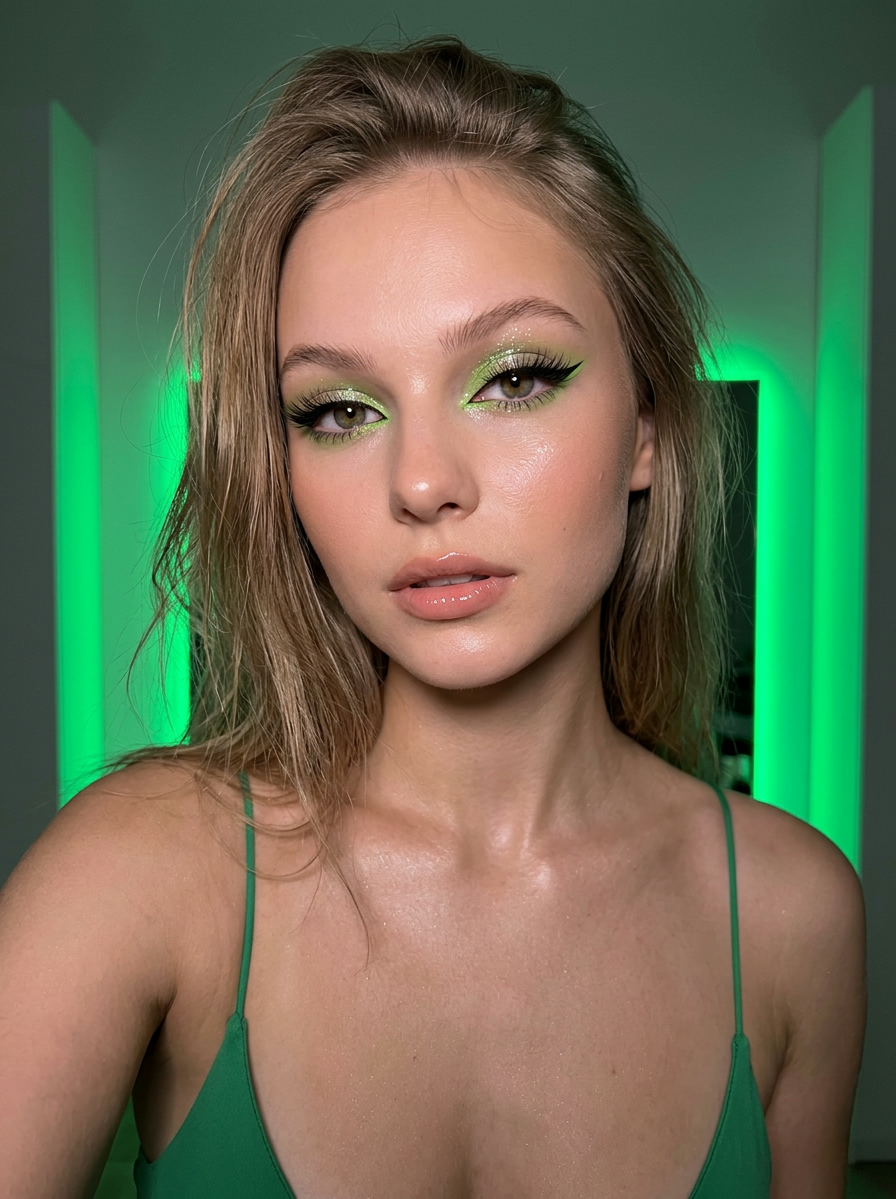 Селфи девушки с неоново-зелёным glam-макияжем