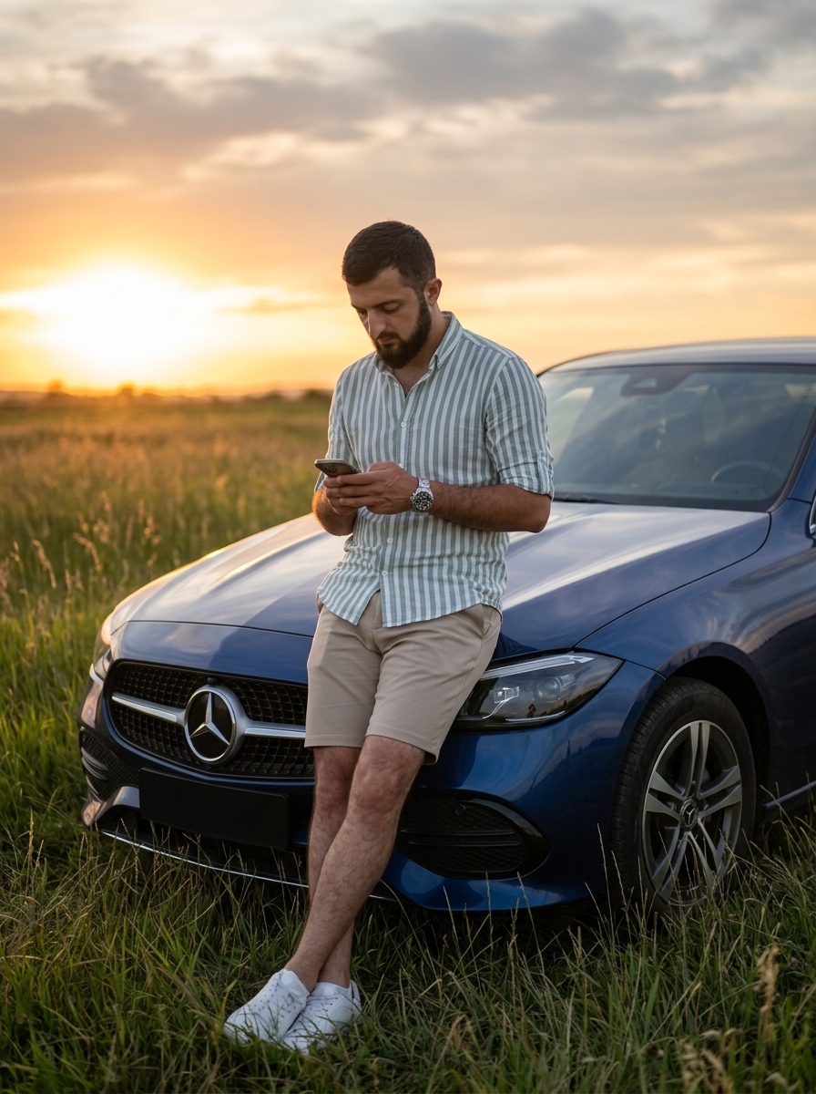Молодой мужчина со смартфоном у Mercedes C-Class Молодой мужчина со смартфоном у Mercedes C-Class