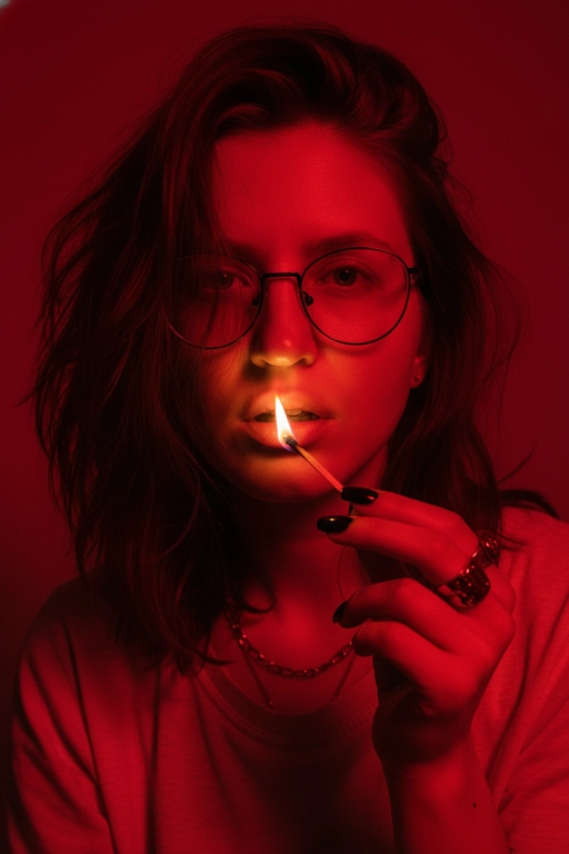 Используйте черты лица, как на прилагаемой фотографии.
смелый, кинематографичный портрет женщины, залитой темно-красным светом, которая подносит к губам зажженную спичку. Теплый отблеск пламени подчеркивает ее блестящие губы и создает эффектный отблеск на коже.
ее выражение ее лица напряженное и пленительное, обрамленное взъерошенными волосами, которые свободно ниспадают на лицо. На ней светлая рубашка и многослойные украшения, в том числе металлическая цепочка и крупные кольца. На ее длинных черных ногтях отражаются едва заметные блики света, усиливая мрачную, чувственную атмосферу. Красный фон и сдержанные тени придают глубину и визуальное напряжение, создавая эффектный образ в редакционном стиле.

Настройки камеры: iso 400, диафрагма f/2.0, выдержка затвора 1/160 сек, объектив 85 мм, ручная фокусировка, баланс белого 2800k, коррекция экспозиции -0,3 ev, подсветка одиночным пламенем с красной заливкой, минимальная зернистость, кинематографическое высококонтрастное освещение с плавными тональными переходами.