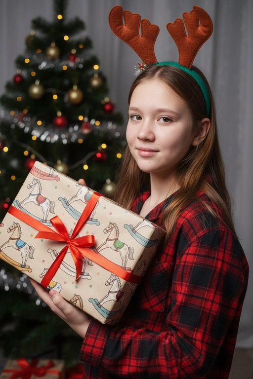 Используйте отправленную мной фотографию в качестве референса. Камера снимается немного выше уровня глаз, глядя прямо на модель, охватывая от середины груди и выше.  На изображении человек держит подарочную коробку  (размер 50х500х50 сантиметров) с крышкой, перевязанную красной лентой. На коробке нарисованные игрушечные лошадки. На фоне размытая рождественская или новогодняя елка. Лицо в три четверти (3/4), Модель в красной пижамной рубашке в клетку. Смотрит в камеру с легкой улыбкой, как будто предвкушая открыть свой подарок. 

Освещение выполнено по принципу софтбокса, но с более сильным, концентрированным основным светом для создания интенсивного свечения, сохраняя при этом мягкие тени, которые подчёркивают черты лица человека. 
Гиперреалистичная детализация, передающая каждый нюанс красоты, выражения лица и сложную текстуру волос, кожи и одежды. Атмосфера новогоднего праздника.  На голове у ребенка рождественский ободок с коричневыми оленьими рогами