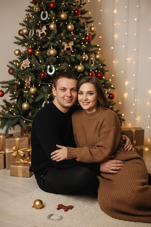 Используй предоставленные изображения и создай фото из домашней новогодней фотосессии. Не меняйте черты лица. . В кадре мужчина и женщина, они сидят на полу в обнимку, улыбаются и смотрят в камеру. Мужчина обнимает женщину сзади за талию. На женщине надето вязаное длинное платье с длинными рукавами. На мужчине вязаный свитера и штаны. На заднем плане стоит наряженная елка с игрушечными шарами, игрушечными лошадками, игрушечными подковами. Под елкой разложены подарочные коробки, перевязанные золотыми лентами. Рядом с парой лежат несколько елочных игрушек как на елке. Фотография выполнена в теплой цветовой гамме. Атмосфера уютная и праздничная. Цвет платья девушки- коричневый, цвет свитера и штанов мужчины - черный.