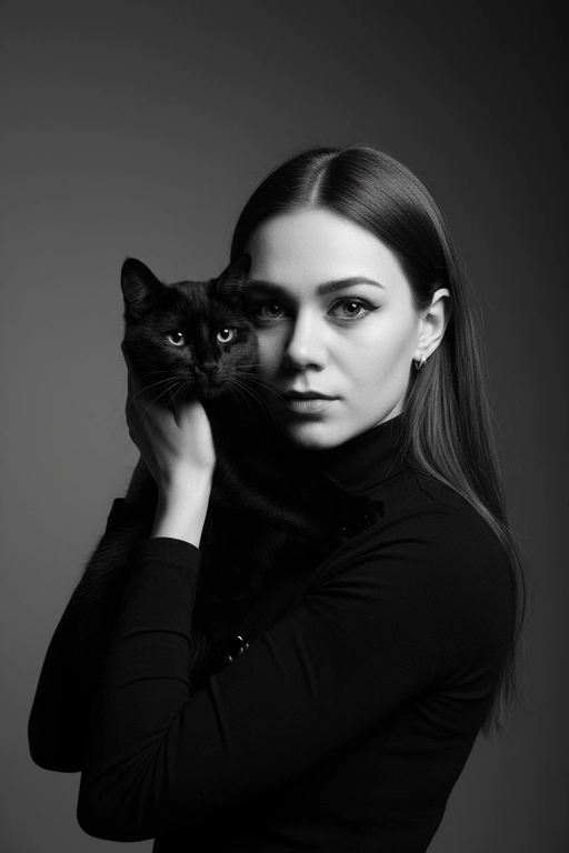 Высококонтрастный черно-белый портрет женщины в черной водолазке, держащей чёрную кошку у лица. Композиция напряжённая и интимная: оба персонажа смотрят прямо в камеру с одинаковой интенсивностью. Яркое и направленное освещение создаёт глубокие тени и подчёркивает контраст между их бледной кожей и тёмной шерстью кошки. Выражение её лица спокойное и уверенное, глаза подведены чётко, а гладкие прямые волосы естественно ниспадают на одно плечо. Фон - градиент от серого к темно-серому. Общее настроение таинственное, элегантное и кинематографичное, напоминающее портрет из модного журнала с готическим подтекстом.