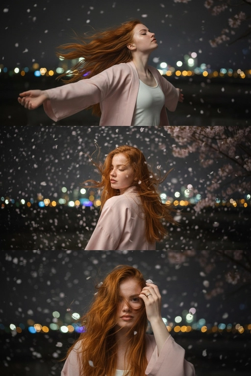 Не меняй черты лица, оставь их точь в точь как на загруженном фото. Фото в стиле триптиха, на котором изображена женщина в ночном городе.

На верхней панели изображена женщина по грудь, в профиль, расположенная в правой части кадра. Она запрокинула голову назад и закрыв глаза будто смотрит в небо разведя руки в стороны. Ее волосы развеваются на ветру закрывая лицо. На заднем плане ночной город полный ярких фонарей, где спокойно и нет людей, в небе развиваются от ветра листья сакуры . 

На средней панели изображена всё та же женщина со спины, смотрящая в кадр. На фоне все усыпано лепестками сакуры и они почти полностью перекрывают ночной город. Её волосы сильно развеваются на ветру в них запутались лепестки сакуры . 

На заднем плане нижней панели, крупным планом, изображено лицо всё той же женщины, частично скрытое развевающимися на ветру волосами в них немного лепестков сакуры, которая смотрит прямо на зрителя. Правой рукой она придерживает волосы, демонстрируя белое обручальное кольцо. 

Ночной Город и небо создают нейтральный, угрюмый фон для фотографии в натуралистическом стиле и при мягком освещении. Использовать лицо с фото на 100% , не изменяя черты лица. На девушке - белый топ и нежно-розовое хаори в японском стиле.