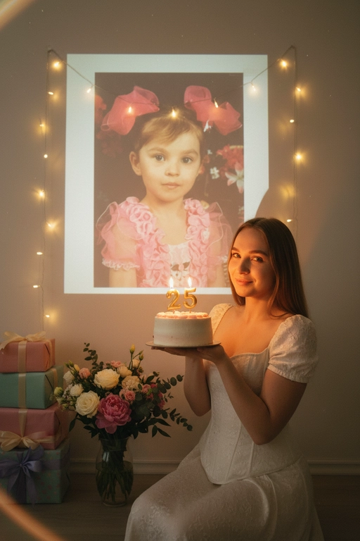 Создай ультрареалистичное фото, сделанное на камеру телефона в комнате, где изображен человек, который держит бенто торт с горящими золотыми свечами. В качестве фона на однотонную стену проецируется фотография из детства. Спроецированное фото занимает большую часть фона. Сочетание образов взрослого человека и ребёнка на фоне создаёт тёплую, ностальгическую атмосферу, подчеркивая связь между прошлым и настоящим. На стене висят гирлянды, рядом со стеной виднеются подарки и букет цветов. Снимок выглядит очень стильным и продуманным, присутствует ощущение праздника и воспоминаний. Не меняй внешность, полностью сохрани черты лица. Свечи на торте в форме числа 25. Женщина одета в молочное корсетное платье.