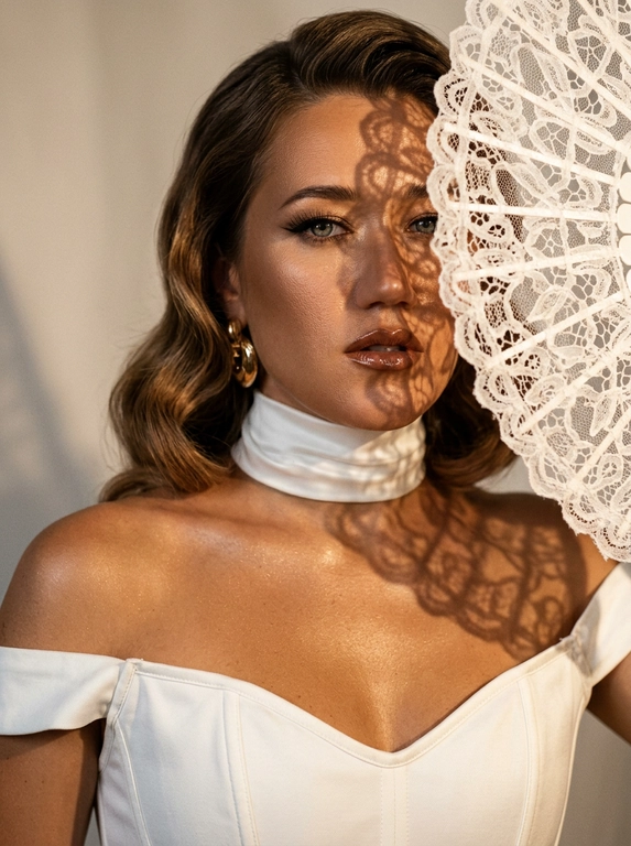 Ultra realistic beauty editorial portrait. Крупный портрет модели: лицо, шея и плечи, лёгкий наклон камеры. Белый кружевной веер частично закрывает лицо, создавая чёткие lace shadows на щеке, глазе, шее и ключице.
Белый структурный корсет с открытыми плечами и плотный satin neck wrap, плотно облегающий шею.  Макияж: sharp eyeliner, длинные ресницы, glossy brown lips, сияющая бронзовая кожа с натуральной текстурой.
Тёплый направленный свет, глубокие тени, золотистый glow, крупные золотые серьги, cinematic contrast, subtle film grain, Vogue aesthetic, RAW realism, ultra detailed 8K, no plastic skin.

Какая будет прическа?: Крупные мягкие голливудские волны, уложенные на один бок, элегантный glam-эффект.