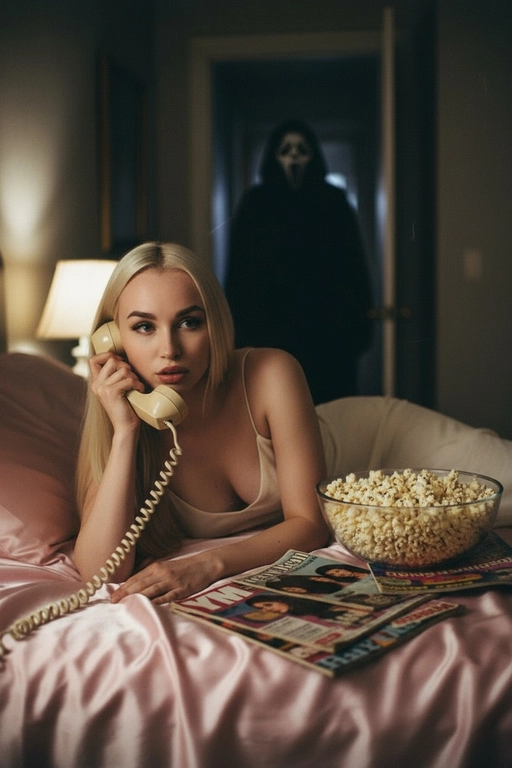 Сделай фото не искажая лица - оно должно оставаться такими же, как на приерепленной фотографии, эстетика Y2K, сцена из фильма "Крик" 90-х. Персона лежит на кровати, застеленной атласными простынями розового цвета. Персона прижимает к уху старинный стационарный телефон кремового цвета со смотанным шнуром. Рядом с ней стоит миска, наполненная попкорном, и несколько разбросанных подростковых журналов 90-х годов. На заднем плане, в темном дверном проеме коридора, в тени скрывается зловещая фигура Ghostface, его маска частично скрыта, он наблюдает за ней.
