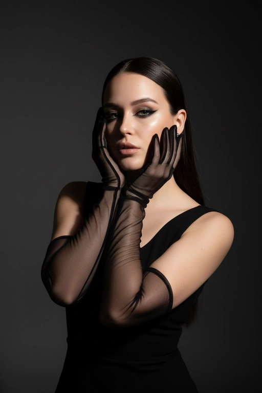 На моей фотографии крупным планом изображена гламурная женщина на темно-сером фоне, в прозрачных чёрных перчатках и чёрном платье. Она позирует, обрамляя лицо руками, отбрасывая на глаза эффектные тени. Яркий макияж глаз с аккуратной подводкой, гладкая и безупречная кожа, кинематографическое освещение, стиль высокой моды, атмосфера таинственности и соблазнительности. 