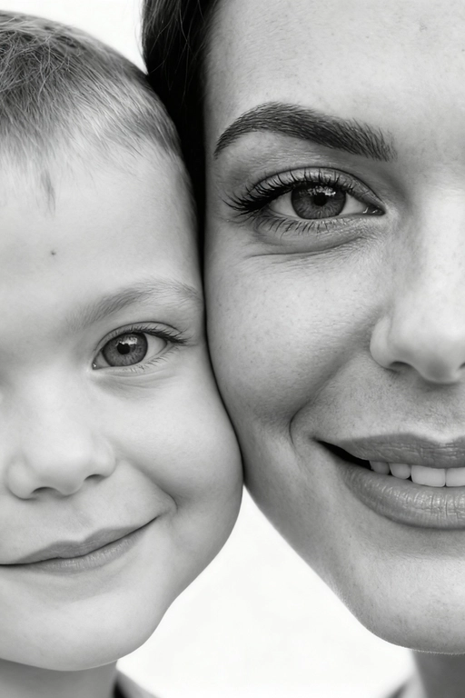Сверхреалистичная черно-белая художественная фотография 8K женщины и ребенка, снятая очень крупным планом, щека к щеке так что видны только правая половина лица женщины и левая половина лица ребенка. которые смотрят в камеру. Их лица расположены рядом, почти соприкасаясь, образуя идеально сбалансированную симметричную композицию. Каждая деталь передана с фотографической точностью: тонкая текстура кожи и плавные градиенты света и тени. Видимая половина женщины включает ее бровь, один глаз , часть ее носа, щеку и губы, слегка приоткрытые в нежной, естественной улыбке, Видимая половина ребенка включает один глаз , круглую мягкую щеку, часть носа и небольшую улыбку, Фон белый и слегка размытый, что подчеркивает эмоциональную близость между ними. Освещение мягкое и рассеянное, создает деликатный контраст и тональную глубину. На снимке запечатлены нежность, близость и связь между матерью и ребенком, запечатленные с потрясающей реалистичностью. Не меняй черты лиц. 