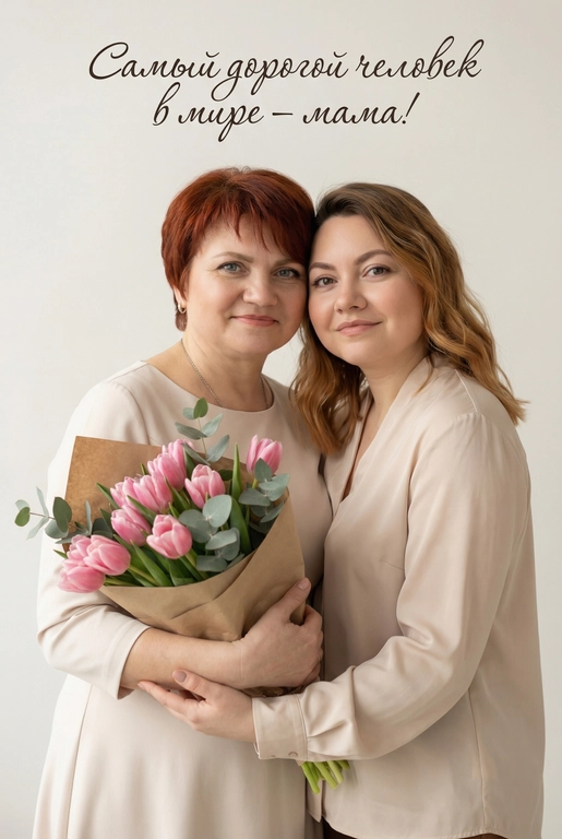 Создай трогательный кадр из профессиональной фотосессии в студии, где запечатлен момент близости матери и ее ребенка/детей. Дети могут быть как взрослыми так и детьми, в зависимости от предоставленных фото. Сделай так, чтобы все они смотрелись гармонично и трогательно. Мама одета в светлое платье. Ее дети/ребенок одеты в подходящую по стилю фотосессии. Освещение холодное. Фон светлый, бесшовный. Фото в стиле Энни Лейбовиц, четкий фокус. У мамы в руках букет розовых тюльпанов и эвкалипта в крафтовой бумаге. Люди смотрят в камеру с мягкой улыбкой. Наверху поверх фото красивым рукописным шрифтом с завитками написано:  Самый дорогой человек в мире – мама!