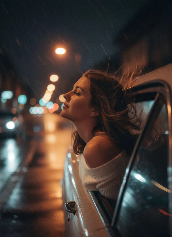 Создайте фото, где я высунула голову из окна машины в тёмную, мечтательную, размытую, винтажную ветреную ночь, в белом трикотажном топе с открытыми плечами. ракурс боковой. Голова чутка откинута назад. Машина в движении.  Выражение лица мечтательное, губы немного приоткрыты. Волосы развеваются в движении. Сохраните детали лица в точности. Пожалуйста, не изменяйте черты лица и оставь таким, какое оно есть.