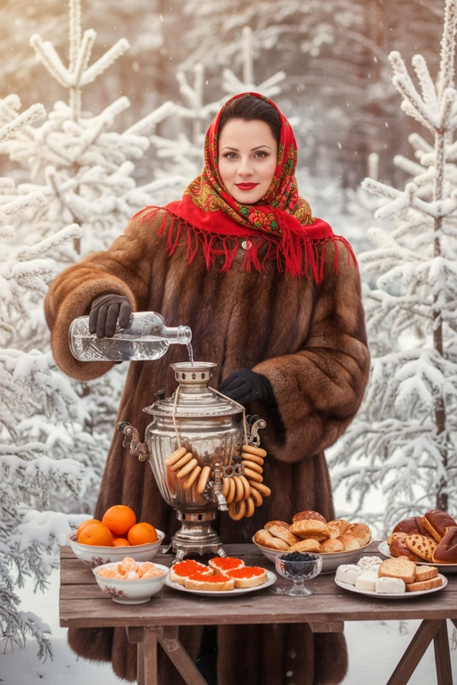  Создай насыщенный, атмосферный, зимний портрет на улице. Я нахожусь в заснеженном лесу, окруженном елями, и стою за столом, накрытым для традиционного чаепития. На мне надета большая, пушистая, роскошная, дорогая, шуба из натурального баргузинского соболя, яркий русский платок (павлопосадский платок) красного цвета, повязанный на голову, с акцентом на красной помаде. Я смотрю в камеру .На столе стоит старинный серебряный самовар, украшенный связками золотистых баранок, а также миски с мандаринами, русскими сладостями, бутерброды с красной икрой, черная икра в маленькой миске, нарезанный батон.
Зимний лес, всё покрыто инеем и мягким снегом. Качество: реалистичная фотография, кинематографический свет, мягкое боке, теплый тон, детальная проработка меха и узоров на платке.
  Правой рукой я наливаю прозрачную жидкость из большой хрустальной бутылки в маленький стеклянный бокал. 