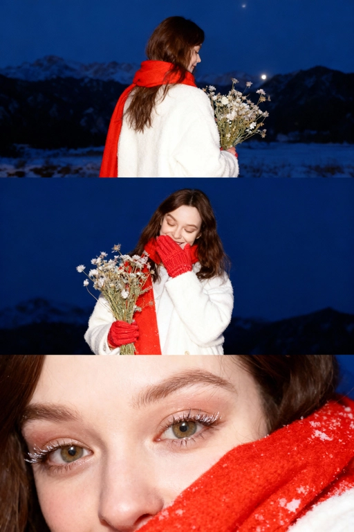 Зимний коллаж со вспышкой: ИИ-фото ночью на фоне гор