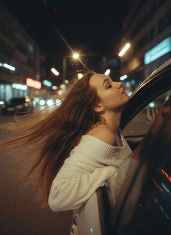 Создайте фото, где я высунула голову из окна машины в тёмную, мечтательную, размытую, винтажную ветреную ночь, в белом трикотажном топе с открытыми плечами. ракурс боковой. Голова чутка откинута назад. Машина в движении.  Выражение лица мечтательное, губы немного приоткрыты. Волосы развеваются в движении. Сохраните детали лица в точности. Пожалуйста, не изменяйте черты лица и оставь таким, какое оно есть.