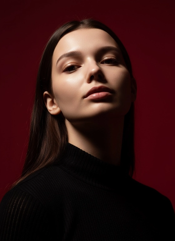 Создай портрет, используя те же черты лица (на основе загруженного фото), характеризующийся резким кинематографическим освещением и интенсивным контрастом. Снятый с немного нижнего ракурса, направленного вверх, что подчеркивает линию подбородка и шеи модели, этот портрет производит впечатление доминантности и скульптурной элегантности. Фон — глубокий, насыщенный малиново-красный, создающий яркий визуальный контраст со сияющей кожей модели и темной одеждой.
