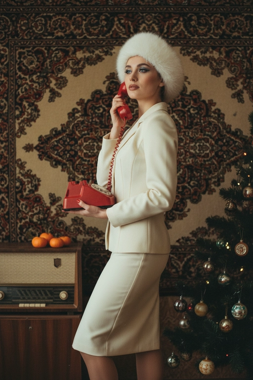 Тёплый винтажный кадр в духе 1970-80-90-х: вертикальный портрет в интерьере советской квартиры — женщина в кремовом костюме-карандаше и белой пушистой шапке. Корпус тела чуть развёрнут в три четверти к камере, вес тела на одной ноге, другая нога чуть согнута в колене и отставлена назад. Спина прямая, плечи расслаблены. 

Правой рукой она держит у лица красную трубку дискового телефона, левой рукой держит основание дискового телефона. Подбородок немного приподнят, взгляд направлен в сторону, мимо камеры, с лёгким, задумчивым выражением лица. На ней голубые тени на глазах, матовая нюдовая помада, контур губ подведен карандашом для губ. На руках красный маникюр. На ресницах черная тушь.   

На стене за ней крупный орнаментальный ковёр с узорами; справа видно часть новогодней ёлки с советскими простыми игрушками. Слева стоит старому деревянный радиоприёмник, на котором сверху лежат мандарины.

Атмосфера — ностальгическая, уютная, немного меланхоличная; мягкий тёплый свет, лёгкая виньетка, зернистость пленки, слегка приглушённые, натуральные цвета. 

Композиция: 3/4 длины, неглубокая глубина резкости, фокус на руках с телефоном и фактуре ковра; кадр кадрирован так, чтобы интерьер и детали (радиоприёмник, телефон, ёлка) передавали эпоху. Параметры стиля: 35mm film look, Kodak Portra palette, high ISO grain, warm color grading, soft contrast, cinematic mood, subtle vignetting, film scratches/textures optional. Избегать современных предметов и ярко неоновых тонов.