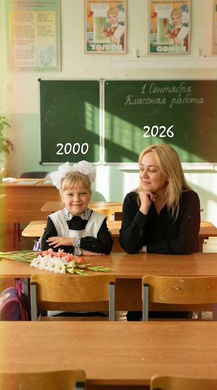 Старый уютный класс постсоветской школы начала 2000-х: деревянная двухместная парта, зелёная доска, выцветшие плакаты, тёплый утренний свет.

Фото как с дешёвой мыльницы начала 2000-х: мягкий фокус, зерно, лёгкая жёлто-зелёная плёночная тонировка, небольшие засветы и потёртости.

За одной партой сидят две версии одной модели. Слева детская версия модели в образе первоклассника с предоставленного фото, рядом гладиолусы и школьный ранец. Ребёнок мило улыбается в камеру. Справа взрослая версия той же модели, над головой «2026»,  у взрослой модели одежда: чёрная рубашка, подбородок лежит на ладони, взгляд с теплотой и легкой улыбкой и лёгкой грустью направлен на свою детскую версию.

Пол, внешность и индивидуальные черты обеих версий модели должны соответствовать загруженному референсу. Не менять пол модели.

На доске мелом: «1 Сентября» и «Классная работа». Очень тёплая ностальгия, эстетика семейного архивного фото. Без логотипов.

Дата рождения над головой у ребенка: 2000