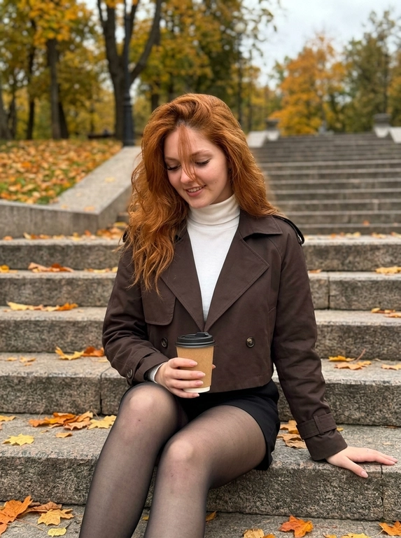 Ультрареалистичный дорогой lifestyle-снимок. В кадре женщина с объёмными распущенными волосами, уложенными с выраженным боковым объёмом. Несколько тонких прядей естественно падают на лицо.

Женщина сидит на широкой серой каменной лестнице в осеннем городском парке. Корпус слегка развёрнут в сторону камеры, ноги согнуты и направлены по диагонали вперёд. Одной рукой она держит закрытый стакан кофе навынос с крышкой, вторая рука свободно опирается ладонью на ступень рядом с телом. Голова слегка опущена и повернута в сторону, взгляд направлен вниз, на лице мягкая естественная полуулыбка.

На ступенях лежат сухие жёлтые и оранжевые опавшие листья. На заднем плане видны серые каменные ступени и осенние деревья с редкой листвой. Фон хорошо читается и не размыт.

Ракурс немного сверху вниз и слегка сбоку, камера расположена достаточно близко. Вертикальный кадр примерно от головы до колен, с лёгкой перспективой смартфона. Женщина занимает основную часть кадра. Естественный пасмурный дневной свет, мягкие тени, спокойная осенняя цветовая гамма из серых, коричневых, чёрных и приглушённо-золотых оттенков.

Мобильная съёмка на iPhone 17 Pro Max. Живое естественное фото без постановочного глянца и сильной ретуши. Натуральная текстура кожи, высокая детализация волос, камня и опавших листьев. RAW, realistic lifestyle photography, subtle smartphone sharpness, без размытия фона, без текста и водяных знаков.

Какая будет одежда?: На женщине укороченный тренч глубокого тёмно-коричневого цвета с широкими лацканами и поясом на талии. Под ним — белая облегающая водолазка с высоким горлом. Низ — короткие чёрные шорты и чёрные полупрозрачные колготки. В ушах небольшие округлые золотые серьги.